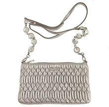 MIU MIU SILVER MATELASSE CRYSTAL STRAP LEATHER CLUTCH CROSSBODY BAG