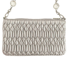 MIU MIU SILVER MATELASSE CRYSTAL STRAP LEATHER CLUTCH CROSSBODY BAG