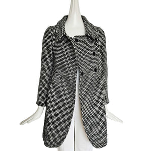 MIU MIU BLACK/WHITE SQUARE PRINT DOUBLE BREAST WOOL COAT (38)