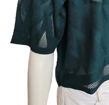 PLEATS PLEASE TEAL BLUE LASER CUT SHORT SLEEVES CROPPED TOP (ONE SIZE)