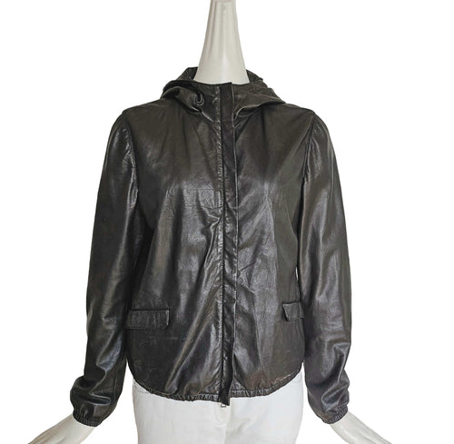 PRADA SPORT BLACK LEATHER HOODED JACKET (42)