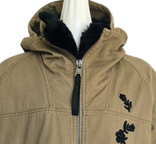 RED VALENTINO KHAKI EMBROIDERED HOODED UTILITY JACKET WITH FAUX FUR LINING (38)