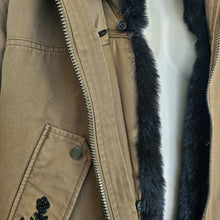 RED VALENTINO KHAKI EMBROIDERED HOODED UTILITY JACKET WITH FAUX FUR LINING (38)