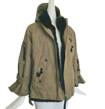 RED VALENTINO KHAKI EMBROIDERED HOODED UTILITY JACKET WITH FAUX FUR LINING (38)