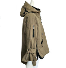 RED VALENTINO KHAKI EMBROIDERED HOODED UTILITY JACKET WITH FAUX FUR LINING (38)