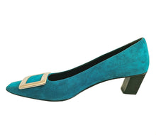ROGER VIVIER TURQUOSE SUEDE BELLE VIVIER BUCKLE PUMPS (37.5)