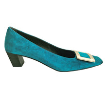 ROGER VIVIER TURQUOSE SUEDE BELLE VIVIER BUCKLE PUMPS (37.5)
