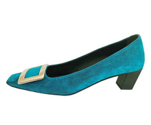 ROGER VIVIER TURQUOSE SUEDE BELLE VIVIER BUCKLE PUMPS (37.5)