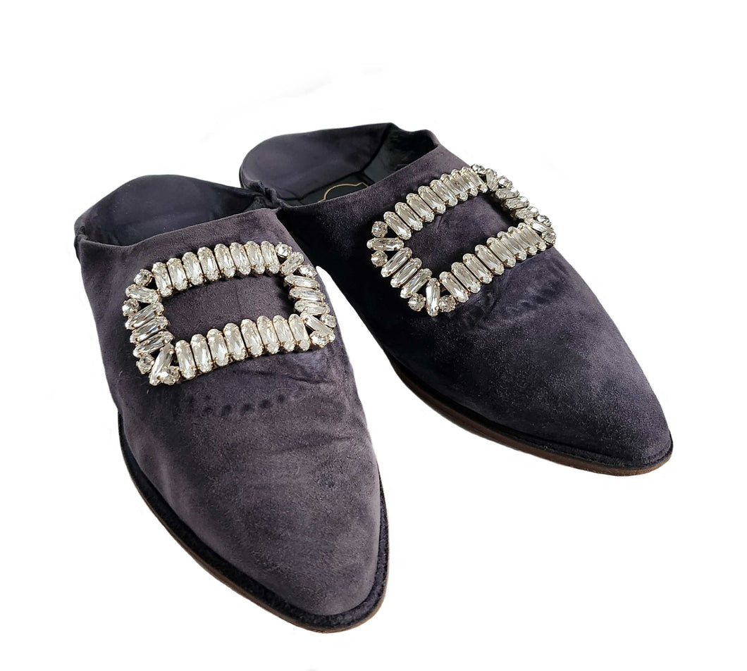 ROGER VIVIER GRAY VIV STRASS SUEDE BUCKLE FOLD DOWN MULES (39)