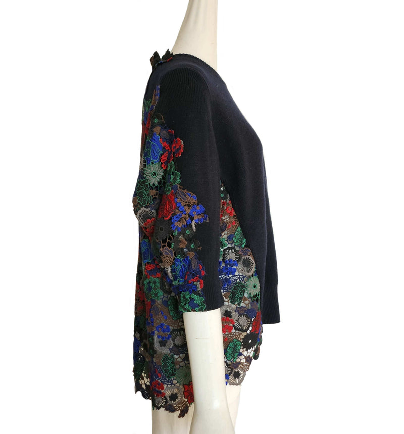 SACAI BLACK SWEATER FRONT FLORAL EMBROIDERED LACE BACK TOP (2)