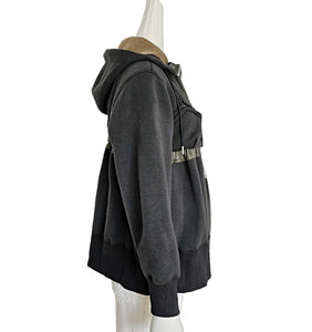 SACAI CHARCOAL GRAY CONTRAST PANEL ZIP FRONT HOODIE (1)