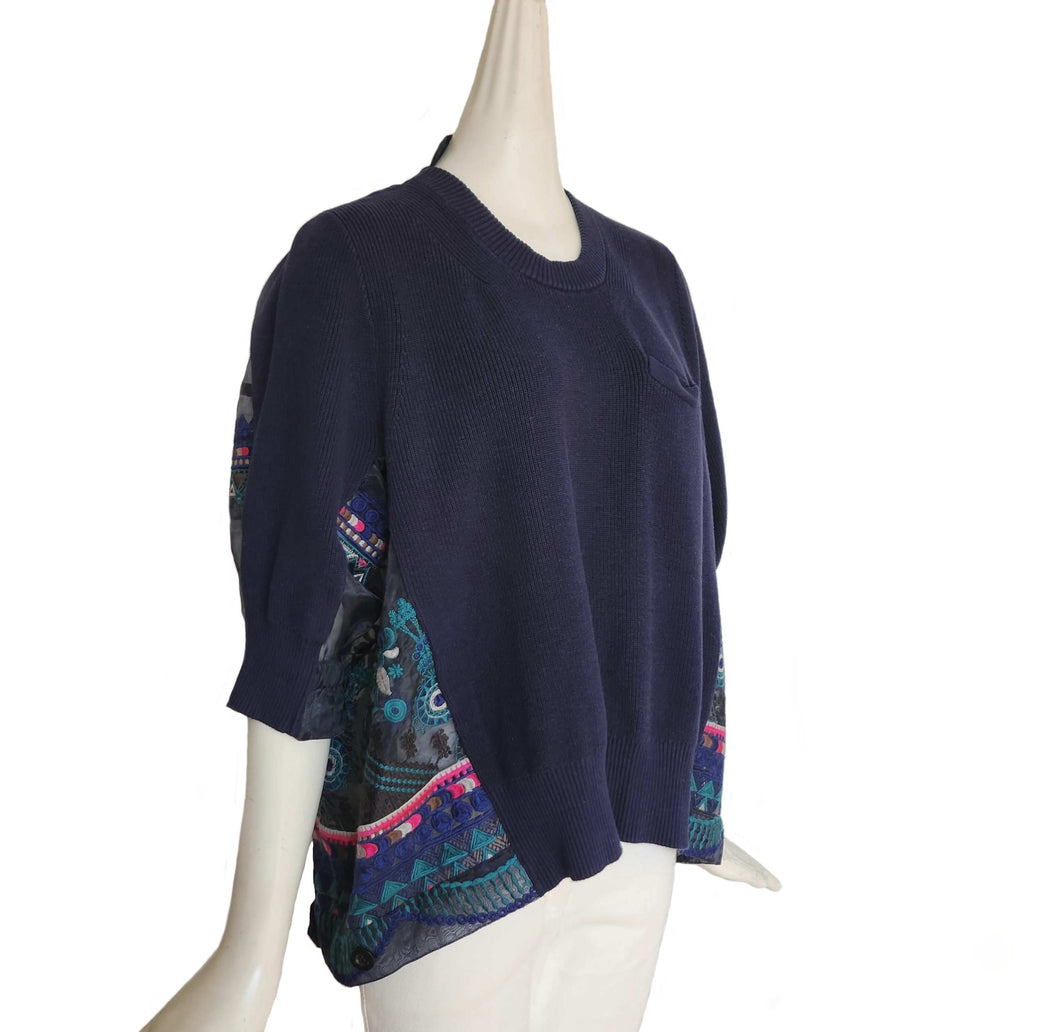 SACAI LUCK NAVY SWEATER FRONT EMBROIDERED SHEER BACK SWEATER (2)