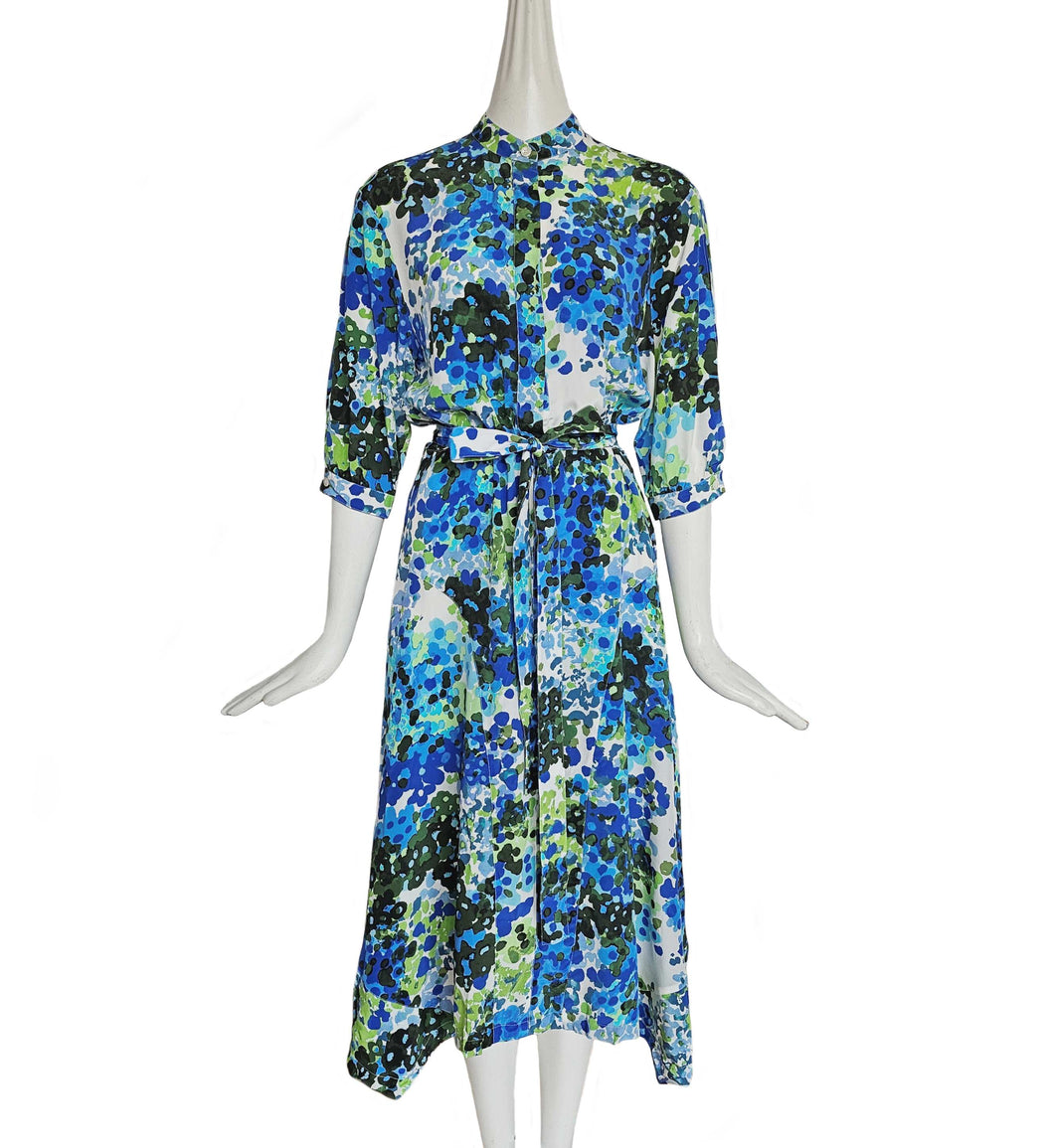 STELLA MCCARTNEY BLUE OLIVIA FLORAL SILK SHIRT DRESS (38)