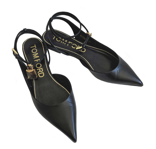 TOM FORD BLACK PADLOCK LEATHER SLINGBACK FLAT SHOES (39)