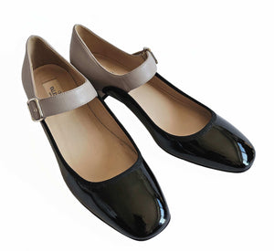 VALENTINO BLACK/BEIGE PATENT LEATHER/LEATHER TWO TONE MARYJANES SHOES (37)