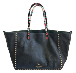VALENTINO GREEN/BLACK REVERSIBLE ROCKSTUD LEATHER TOTE