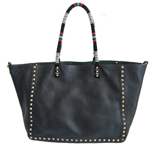 VALENTINO GREEN/BLACK REVERSIBLE ROCKSTUD LEATHER TOTE