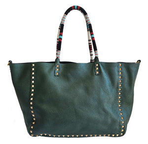 VALENTINO GREEN/BLACK REVERSIBLE ROCKSTUD LEATHER TOTE