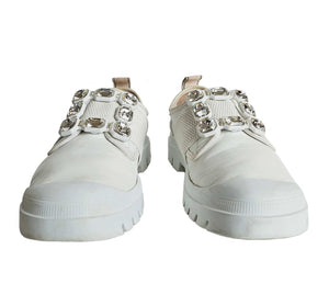 ROGER VIVIER WHITE WALKY VIV CRYSTAL BUCKLE SNEAKERS (38.5)