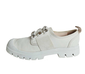 ROGER VIVIER WHITE WALKY VIV CRYSTAL BUCKLE SNEAKERS (38.5)