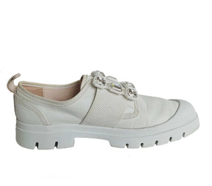 ROGER VIVIER WHITE WALKY VIV CRYSTAL BUCKLE SNEAKERS (38.5)