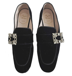 ROGER VIVIER BLACK CRYSTAL MINI BROCHE VELVET LOAFERS SHOES (38)