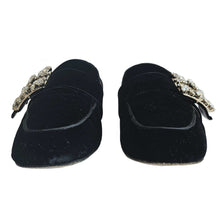 ROGER VIVIER BLACK CRYSTAL MINI BROCHE VELVET LOAFERS SHOES (38)