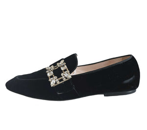 ROGER VIVIER BLACK CRYSTAL MINI BROCHE VELVET LOAFERS SHOES (38)