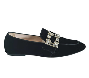 ROGER VIVIER BLACK CRYSTAL MINI BROCHE VELVET LOAFERS SHOES (38)