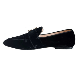 ROGER VIVIER BLACK CRYSTAL MINI BROCHE VELVET LOAFERS SHOES (38)