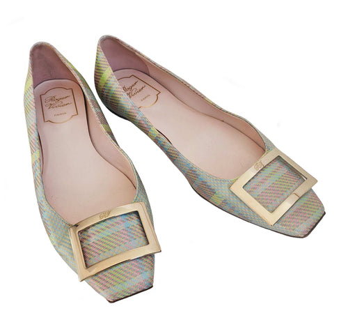 ROGER VIVIER GREEN/PINK TROMPETTE METAL BUCKLE FABRIC FLATS (39) done