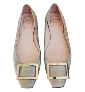 ROGER VIVIER GREEN/PINK TROMPETTE METAL BUCKLE FABRIC FLATS (39) done