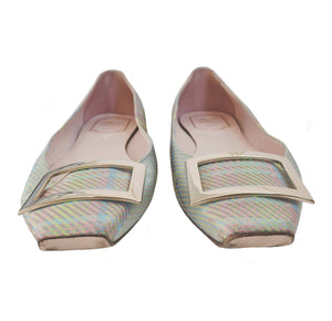 ROGER VIVIER GREEN/PINK TROMPETTE METAL BUCKLE FABRIC FLATS (39) done