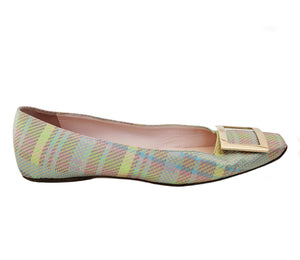 ROGER VIVIER GREEN/PINK TROMPETTE METAL BUCKLE FABRIC FLATS (39) done