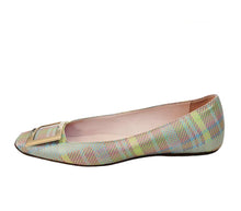 ROGER VIVIER GREEN/PINK TROMPETTE METAL BUCKLE FABRIC FLATS (39) done