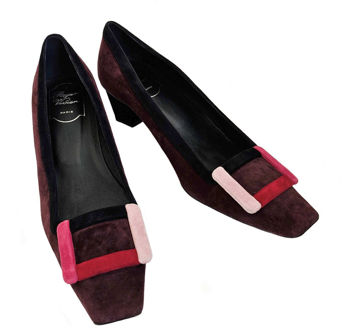 ROGER VIVIER BURGUNDY BELLE COLORBLOCK SUEDE PUMPS (39)