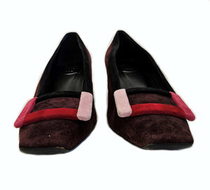 ROGER VIVIER BURGUNDY BELLE COLORBLOCK SUEDE PUMPS (39)