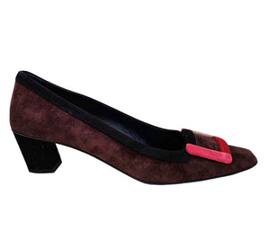 ROGER VIVIER BURGUNDY BELLE COLORBLOCK SUEDE PUMPS (39)