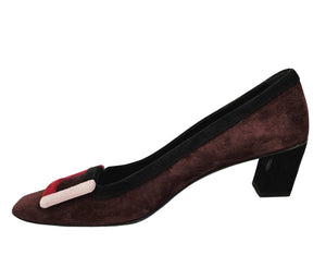 ROGER VIVIER BURGUNDY BELLE COLORBLOCK SUEDE PUMPS (39)