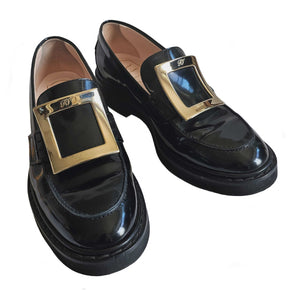 ROGER VIVIER BLACK LEATHER VIV’ RANGERS BUCKLE LOAFERS SHOES (38.5)