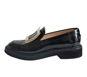 ROGER VIVIER BLACK LEATHER VIV’ RANGERS BUCKLE LOAFERS SHOES (38.5)