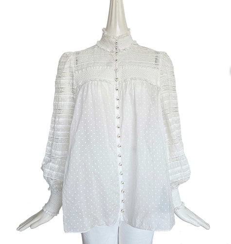 ZIMMERMANN CREAM DOT PRINT LACE TRIM SMOCKED BLOUSE (2)
