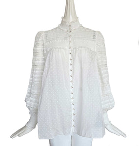 ZIMMERMANN CREAM DOT PRINT LACE TRIM SMOCKED BLOUSE (2)