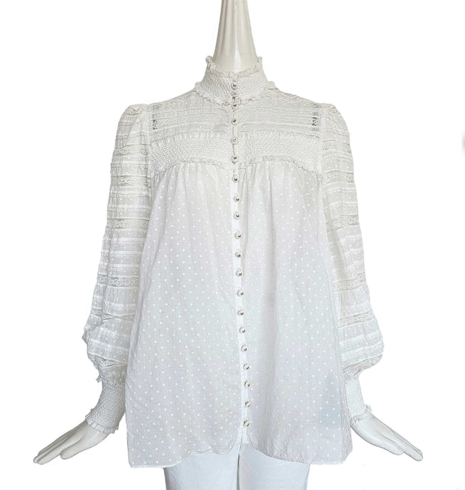 ZIMMERMANN CREAM DOT PRINT LACE TRIM SMOCKED BLOUSE (2)
