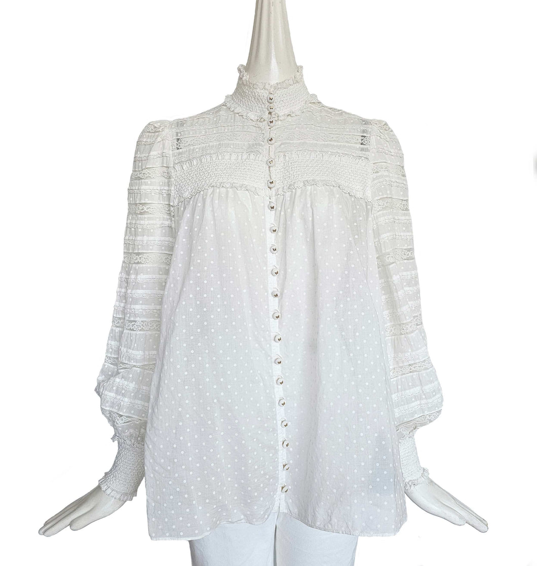 ZIMMERMANN CREAM DOT PRINT LACE TRIM SMOCKED BLOUSE (2)