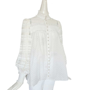 ZIMMERMANN CREAM DOT PRINT LACE TRIM SMOCKED BLOUSE (2)