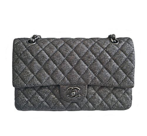 CHANEL DARK SILVER 07A LIMITED EDITION GLITTER CLASSIC DOUBLE FLAP BAG