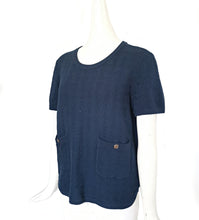 CHANEL NAVY SHORT SLEEVES TEXTURED COTTON KNIT TOP (36)