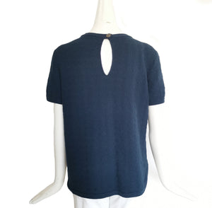 CHANEL NAVY SHORT SLEEVES TEXTURED COTTON KNIT TOP (36)