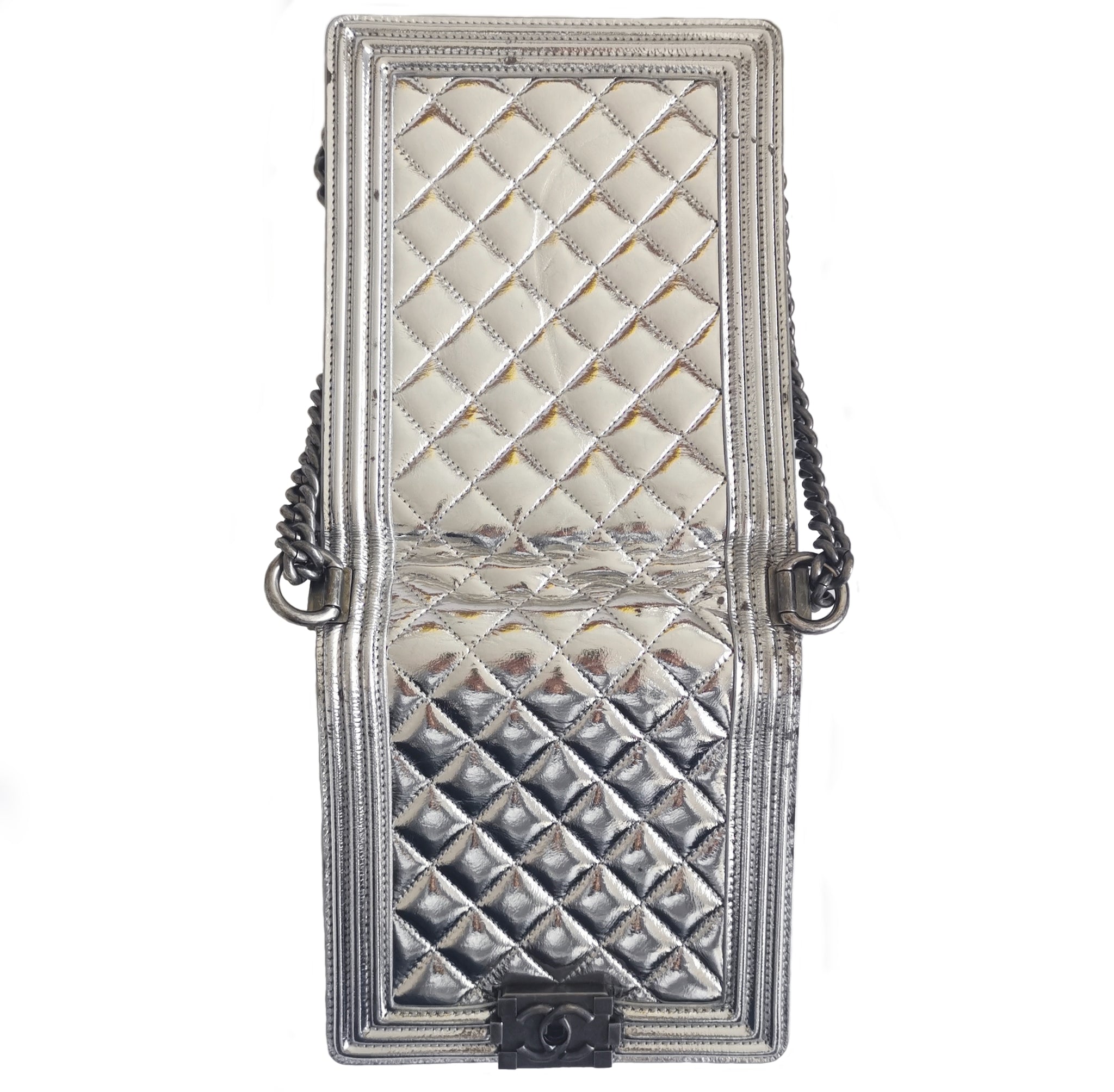Chanel Silver Quilted Leather North South Boy Flap Bag Chanel